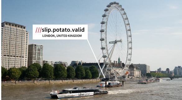 The London Eye and a boat on the Thames. A speech bubble points to a dock with the three words location slip.potato.valid