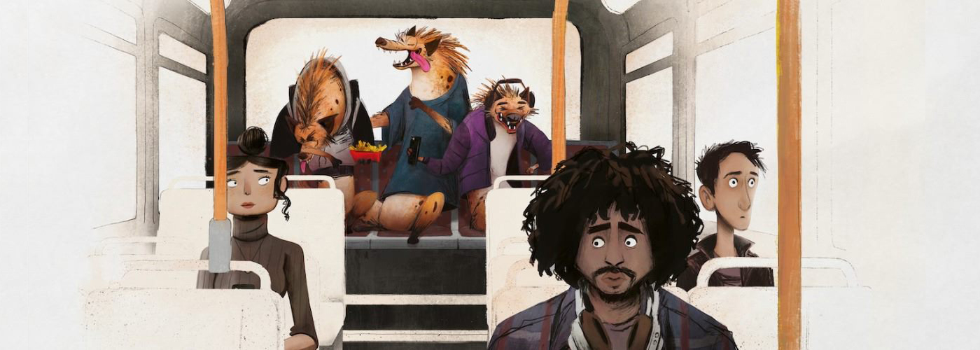 Animated image of passenger sitting on bus with noisy hyenas sitting on back seat
